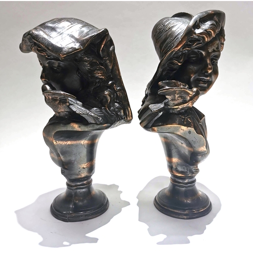 463 - In the manner of August Moreau - a pair of bronzed hollow cast metal busts - a boy and girl each wit... 