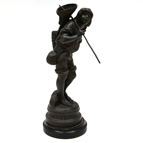 465 - A spelter figure of a boy cockle picker on ebonised wooden socle. Height 49cm (inc socle) 45cm (figu... 