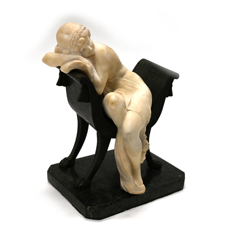 470 - An Art-Deco Alabaster figure of a semi-naked young woman seated on a bronze four legged chair with l... 