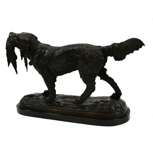 475 - Large bronze of a retriever dog carrying a pheasant, on a bronze ground bearing an inscription PIRRE... 