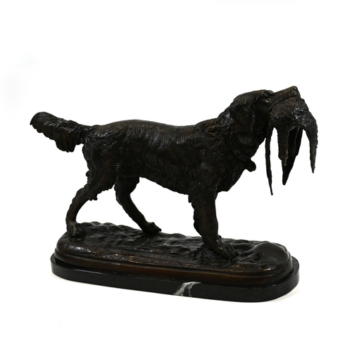 475 - Large bronze of a retriever dog carrying a pheasant, on a bronze ground bearing an inscription PIRRE... 