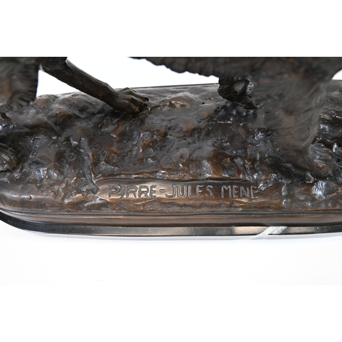 475 - Large bronze of a retriever dog carrying a pheasant, on a bronze ground bearing an inscription PIRRE... 