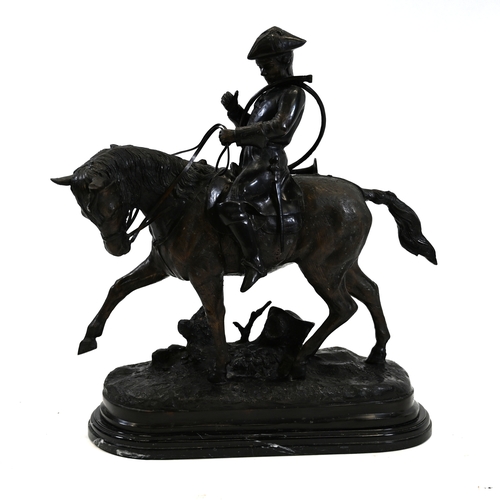 476 - Large bronze of a rider wearing a tricorn hat, horn slung over his shoulder,  the horse on a bronze ... 