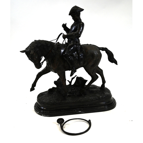 476 - Large bronze of a rider wearing a tricorn hat, horn slung over his shoulder,  the horse on a bronze ... 