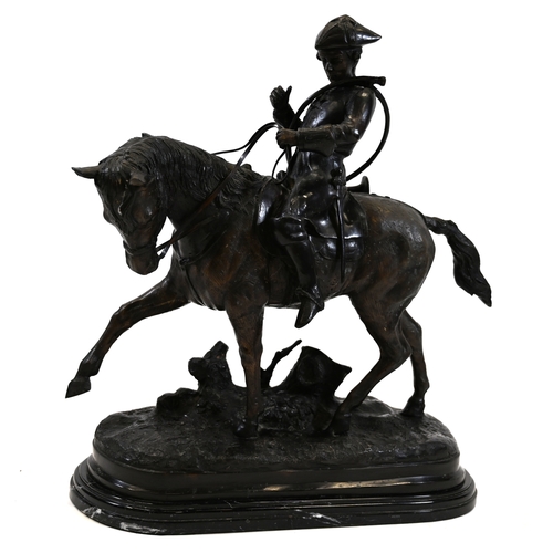 476 - Large bronze of a rider wearing a tricorn hat, horn slung over his shoulder,  the horse on a bronze ... 