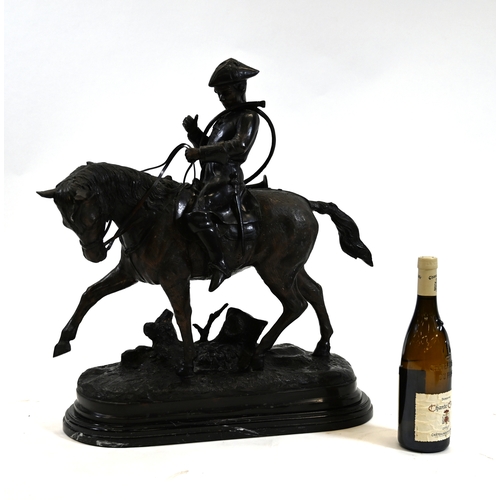 476 - Large bronze of a rider wearing a tricorn hat, horn slung over his shoulder,  the horse on a bronze ... 