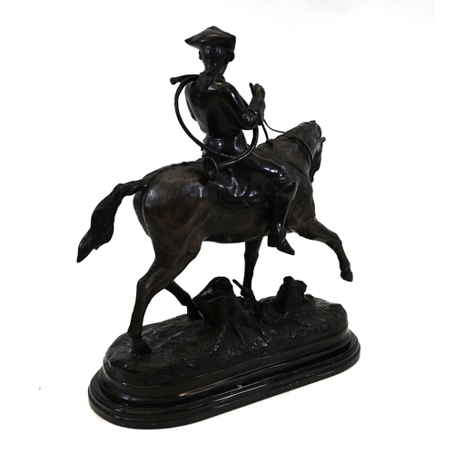 476 - Large bronze of a rider wearing a tricorn hat, horn slung over his shoulder,  the horse on a bronze ... 