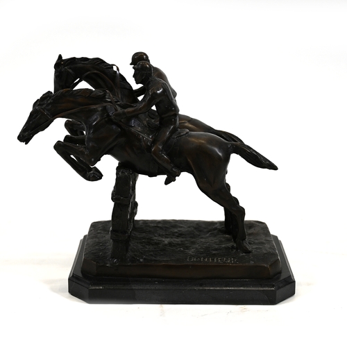 477 - A dark brown patinated bronze sculpture of two racing horses and their jockeys taking a fence in a s... 