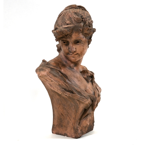 478 - A plaster bust of a young lady after Alfred J Foretay (1861-1944). Modelled wearing a dress with a b... 