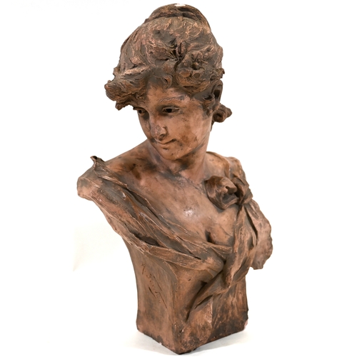 478 - A plaster bust of a young lady after Alfred J Foretay (1861-1944). Modelled wearing a dress with a b... 