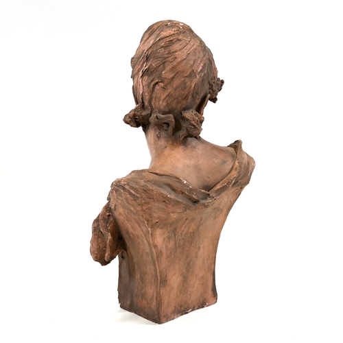 478 - A plaster bust of a young lady after Alfred J Foretay (1861-1944). Modelled wearing a dress with a b... 