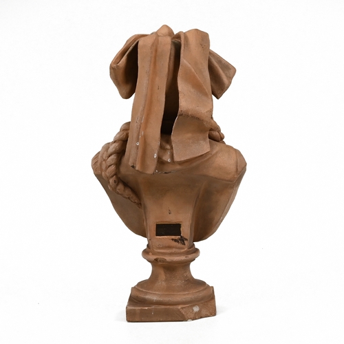 479 - A small 19th Century terracotta bust depicting a French maiden shedding a tear, the socle and plinth... 