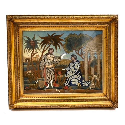 485 - A Georgian silk picture: Noli me Tangere. Embroidered silk and body colour on paper, 46.5cm x 61cm (... 