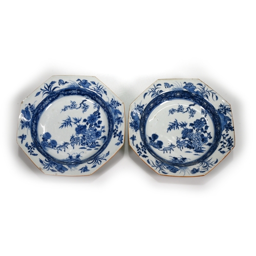 488 - A pair of blue and white Chinese Jingdezhen octagonal plates or shallow bowls with underglaze decora... 