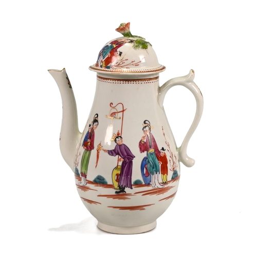 491 - A first period, circa 1770, Worcester coffee pot with lid, in famille rose, hand painted over-glaze ... 