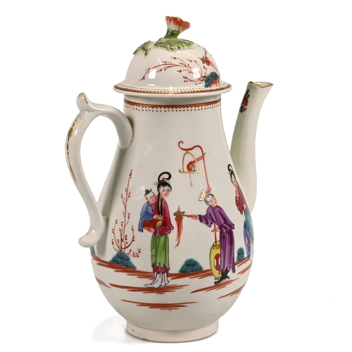 491 - A first period, circa 1770, Worcester coffee pot with lid, in famille rose, hand painted over-glaze ... 