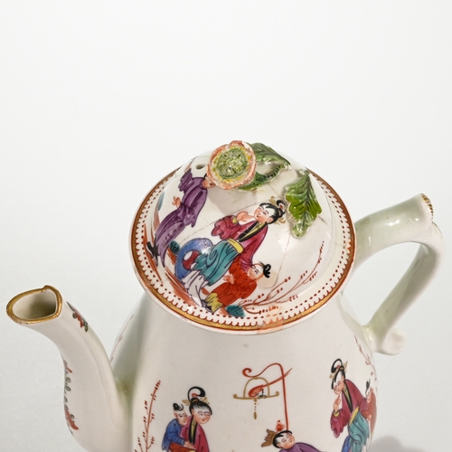 491 - A first period, circa 1770, Worcester coffee pot with lid, in famille rose, hand painted over-glaze ... 