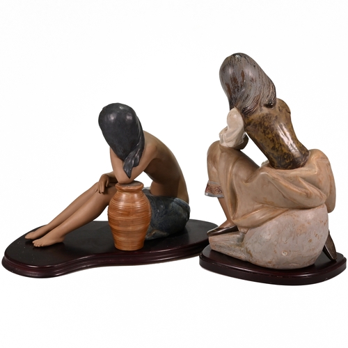 510 - Two large Lladro Gres figurines on wooden bases. The first the Classic Water Carrier 3525, modelled ... 