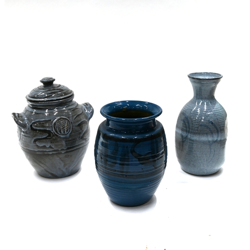 519 - Three items of Cricklade pottery, to include 2 vases and a lidded pot, all in a blue colour. Part of... 