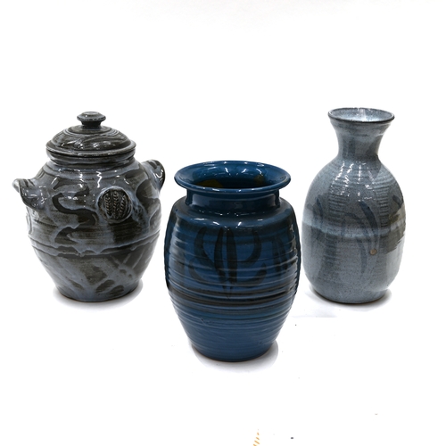 519 - Three items of Cricklade pottery, to include 2 vases and a lidded pot, all in a blue colour. Part of... 