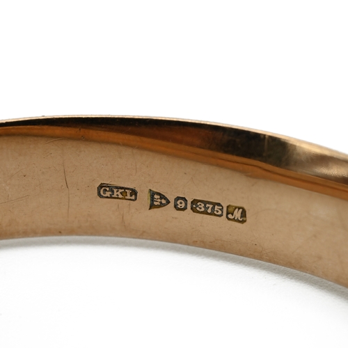 52 - A 9 carat gold hinged bangle, inscribed; a 9 carat gold ingot pendant on a box link chain; a 9carat ... 