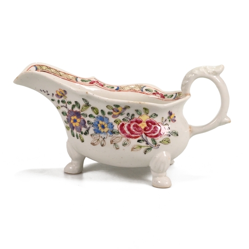 532 - A good Bow famille rose pattern footed sauceboat, circa 1750. Hand painted over glaze floral design ... 