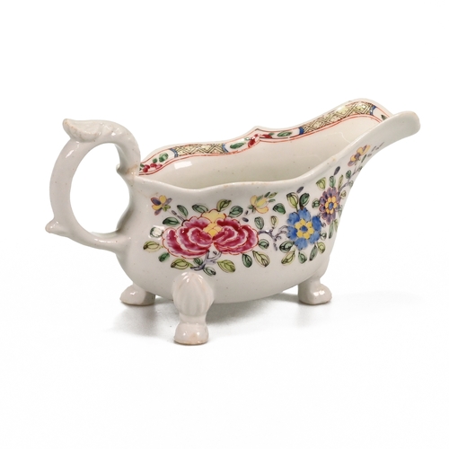 532 - A good Bow famille rose pattern footed sauceboat, circa 1750. Hand painted over glaze floral design ... 