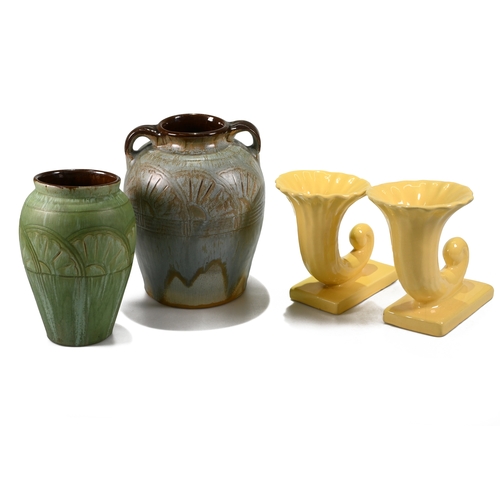 539 - Two similar baluster Wesuma (Torquay ware) vases by T.W. Lemon pre 1940's both with green ground and... 