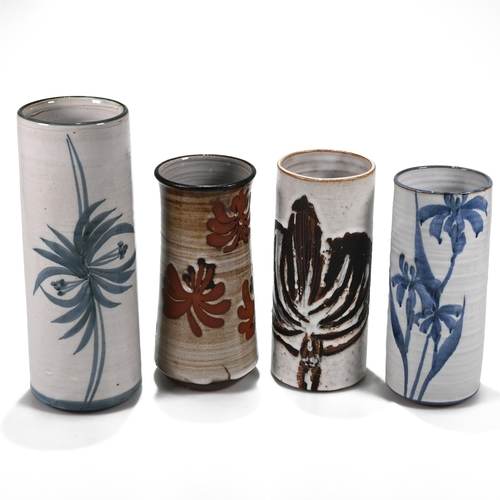 543 - A collection of four 20th Century pottery cylinder vases from the Briglin studio, variously decorate... 