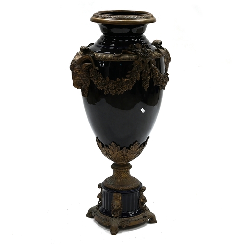 551 - A large Empire Revival Floor Urn of cobalt blue ceramic in gilt brass mounts profusely decorated wit... 