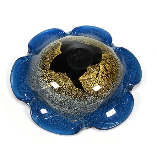 558 - A Maltese glass bowl, the blue gold  lobed bowl stickered Matarea glass hand crafted in Malta, the b... 