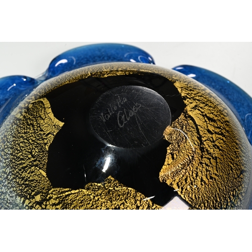 558 - A Maltese glass bowl, the blue gold  lobed bowl stickered Matarea glass hand crafted in Malta, the b... 