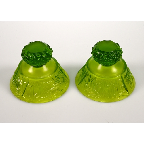 570 - A pair of Liuligongfang Liuli Living green glass tea cups, each etched to base Liuli Living 2015, wi... 