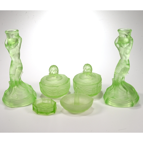 571 - A Walther & Sohne 1930's frosted green Uranium glass Nymphen dressing table set comprising tray, two... 