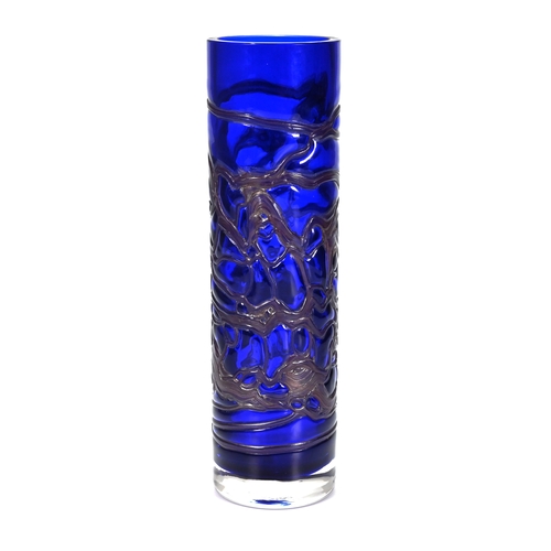 578 - A cobalt blue, tall cylinder art glass vase with iridescent flowing abstract trail work and clear gl... 