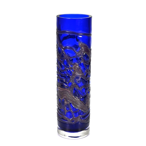 578 - A cobalt blue, tall cylinder art glass vase with iridescent flowing abstract trail work and clear gl... 