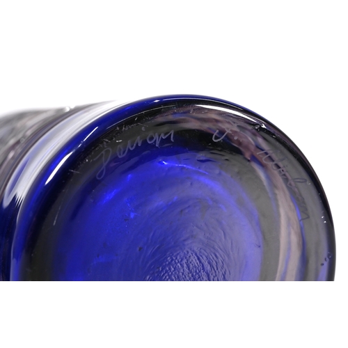 578 - A cobalt blue, tall cylinder art glass vase with iridescent flowing abstract trail work and clear gl... 