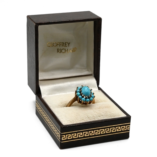 64 - A 9 carat gold turquoise cluster ring, finger size N, 3.6 gram gross.