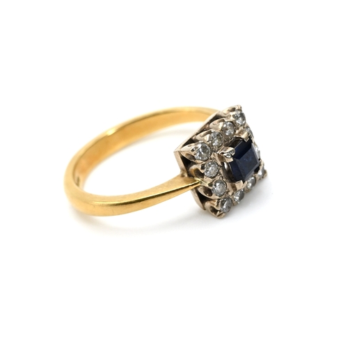 72 - A sapphire and diamond 18 carat gold cluster ring, the square cut sapphire enclosed bob twelve brill... 