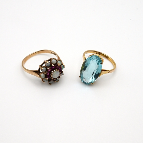 80 - A 9 carat gold opal and garnet cluster ring; with a single stone dress ring, stamped ‘375; 6.5 grams... 