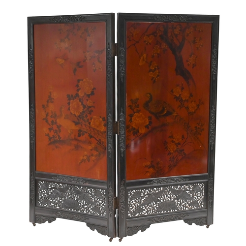 1000 - Late 19th C Chinese bi-fold screen on castors. Fretwork and carved wood frame with bone, mother of p... 