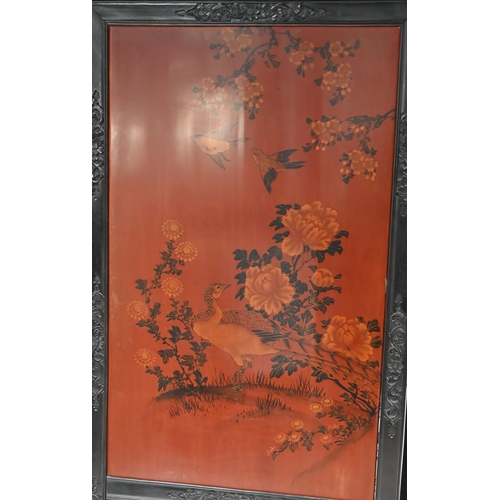 1000 - Late 19th C Chinese bi-fold screen on castors. Fretwork and carved wood frame with bone, mother of p... 