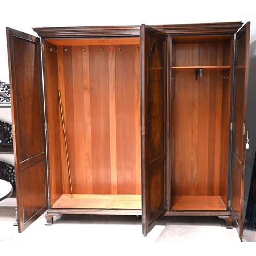 1006 - An Edwardian (c1910) triple Wardrobe with quarter matched Burr Walnut and string inlay doors. Interi... 