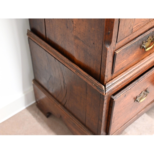 1008 - An early 19th Century, Georgian Welsh oak press, low form, with flat two plank top over a two door c... 