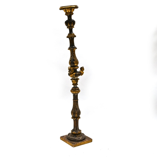 1015 - A 19th century Venetian gilt & silvered softwood torchere, the baluster column carved with acanthus ... 