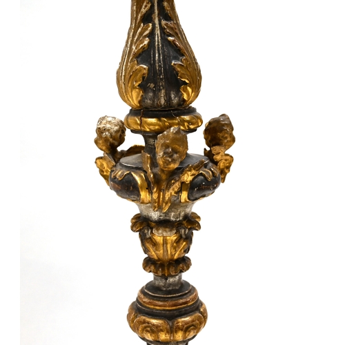 1015 - A 19th century Venetian gilt & silvered softwood torchere, the baluster column carved with acanthus ... 