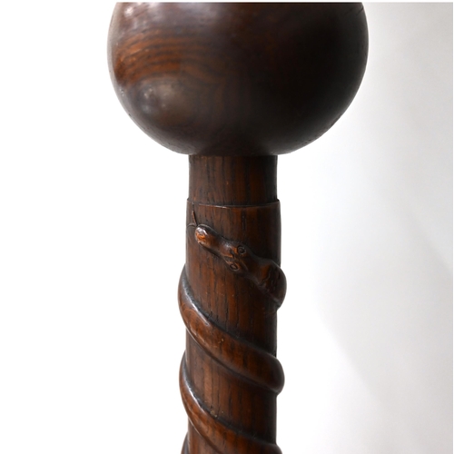 1027 - Carved Oak standard lamp base c1930's. Carved with an entwined snake to each stem. This item has bee... 