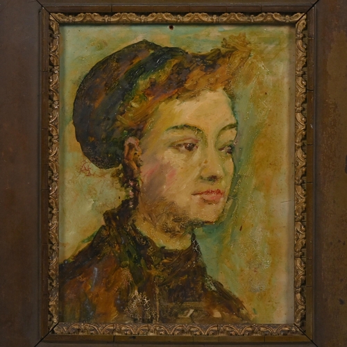 581 - 20th Century Continental School – Portrait of a Young Woman in a Hat, oil on board, 18.5 x 14.5cm, w... 