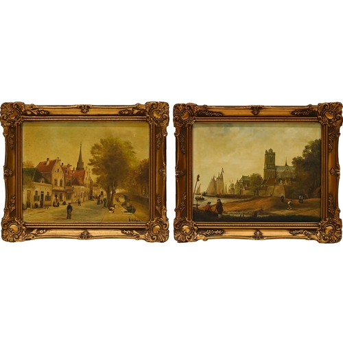 582 - K. de Jong (Dutch 20th Century) - A Dutch Harbour Scene with a Cathedral; and a Dutch Townscape with... 