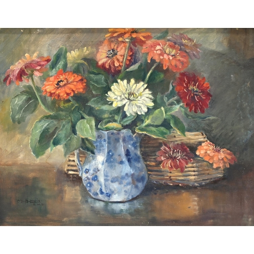 583 - British 20th Century School: M.P. Lewis - Vase of Flowers on a Table. Oil on canvas, signed and insc... 